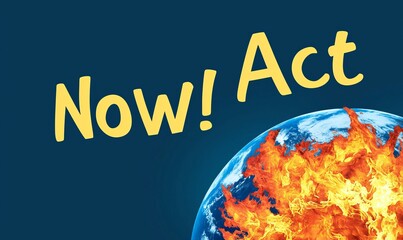Wall Mural - urgent call to action for climate change with burning earth globe graphic.