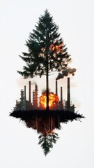 Wall Mural - environmental impact silhouette of a pine tree with a factory and sunset reflection