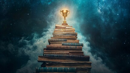 A staircase made of books leading to a trophy at the top symbolizes success and knowledge. The scene is illuminated with atmospheric lighting, creating a sense of significance and achievement