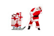 © deagreez - Fulll length photo of tired santa claus pulling his sledge with packages gifts on midnight wearing eyeglasses eyewear belt isolated over red background