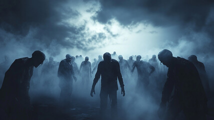 a zombie horde silhouette in misty fog against a dark sky background. Concept for a Halloween