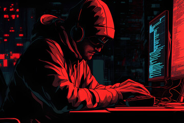 Poster - A figure in a hoodie working on a computer, surrounded by digital data and a dark atmosphere.