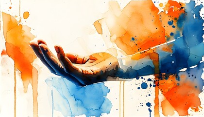 Dreamlike abstract watercolor of a hand reaching out amidst vibrant orange and blue hues