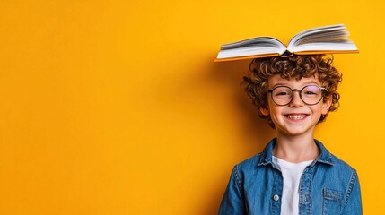 Happy boy with book on head, smiling at camera on yellow background.