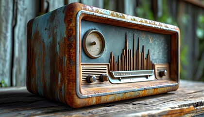 Retro wooden radio featuring weathered metal accents