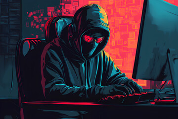 Poster - A hooded figure typing on a computer in a dark room, illuminated by red and blue lights.