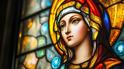 A vibrant and detailed religious icon in a stained glass window, capturing light and color.