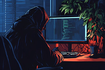 Poster - A hooded figure coding at a computer in a dimly lit room with plants nearby.
