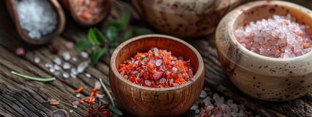 Himalayan salt and spices in wooden bowls on a rustic table