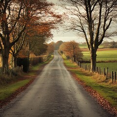 Poster - A long country road lined with trees in autumn.