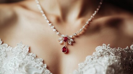 Elegant teardrop ruby pendant necklace on a woman's neck.