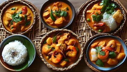 Colorful array of Asian delicacies featuring curries, stir-fries, rice, and seafood elegantly displayed on a woven platter