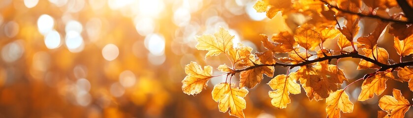 Poster - Golden Autumn Leaves Branch with Bokeh Background