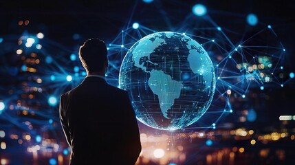 Wall Mural - Silhouette of businessman looking at digital globe with glowing network connections.