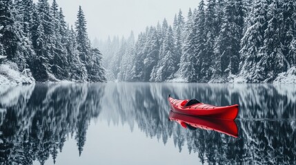 Wall Mural - Kayak boat in still quiet lake water with snow ice forest in winter