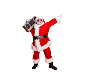 Full body photo of funny cute santa claus with sound boom disco box dancing wearing style eyeglasses eyewear headwear hat isolated over red background