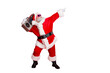 © deagreez - Full length profile side photo of funny santa claus raise his arms dance wear stylish trendy eyewear eyeglasses hat headwear isolated over red background