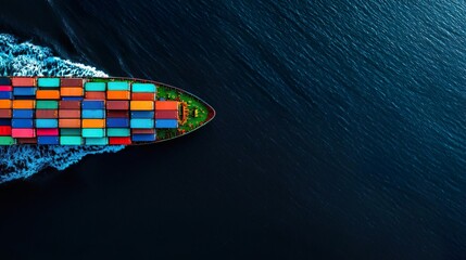 Aerial view of a cargo ship with colorful containers sailing on the ocean.