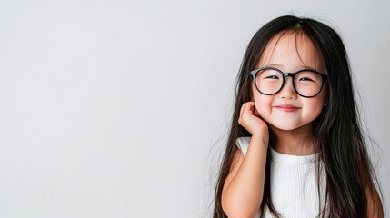 A cute young Asian girl wearing glasses and smiling, against a white background