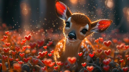 Cartoon Fawn with Hearts Set on AI Generated Background