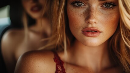 This image captures a close-up shot of a woman with freckles and striking features, looking intently into the camera, presenting a strong and confident expression.