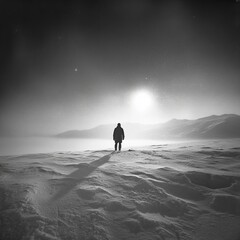 Poster - A lone figure walks across a snow-covered landscape towards a distant, bright light in the sky.