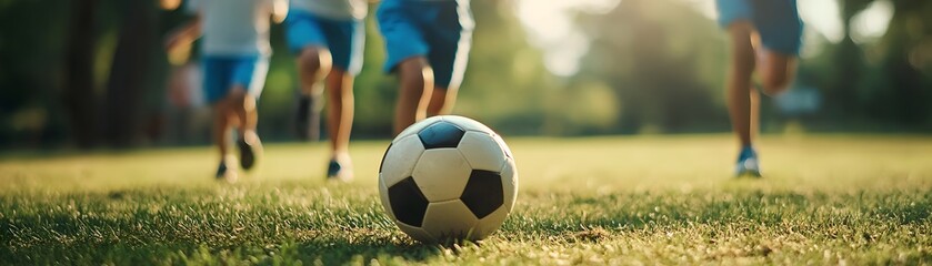 Soccer Ball on Grass with Blurred Kids Running