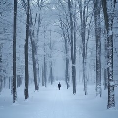 Poster - A lone figure walks down a snowy path through a forest of tall trees.