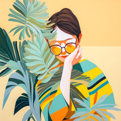 A vibrant illustration of a stylish woman in glasses amidst lush tropical leaves