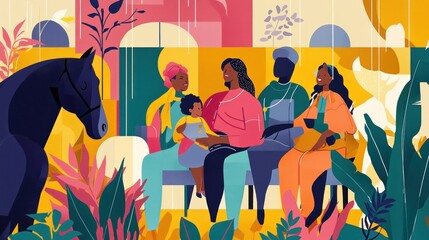 Bright and colourful illustrations of a variety of people, including a man, woman, children and a horse. The figures appear to interact within an abstract environment, with a mix of geometric shapes 