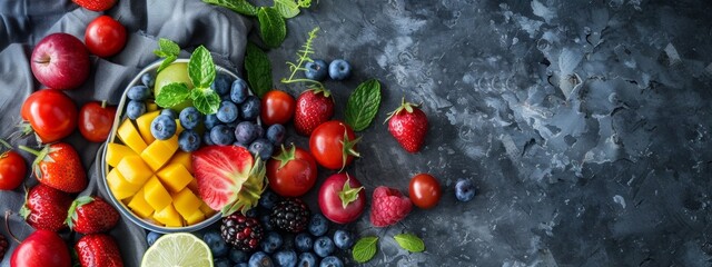 Assorted fresh fruits and berries on a dark background