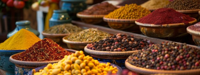 Wall Mural - Assortment of colorful spices in a traditional market