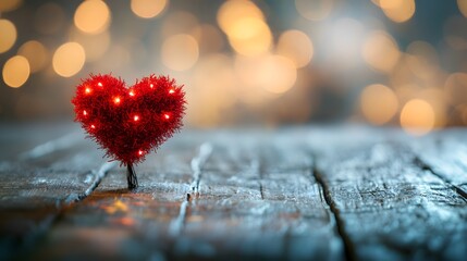 Sticker - Red Heart Shaped Christmas Lights on Wooden Background with Bokeh