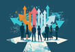 © Perfect Vector - Business Team Facing Multiple Directional Arrows Representing Decision-making and Strategic Choices Concept, Minimalistic Vector Illustration, Daytime Office Environment