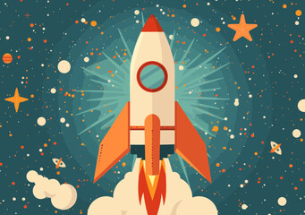 Poster - Colorful Vector Illustration of Hand Holding Rocket Representing Start-Up Concept, Night Sky Filled with Stars, Pioneering, Innovation, and Growth Imagery