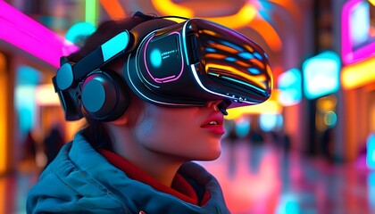 Wall Mural - Immersed in a futuristic virtual reality mall, a person dazzled by neon lights and sleek VR headset, capturing awe and wonder in ultra-realistic digital art