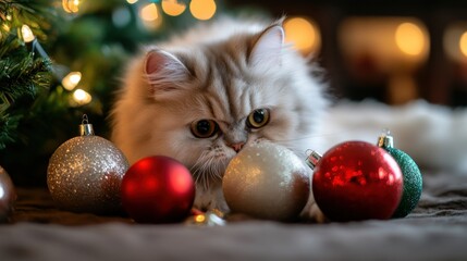 A fluffy cat curiously examines colorful Christmas ornaments near a decorated tree.