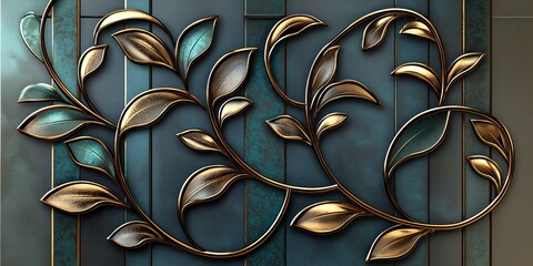 Wall Mural - Golden leaves and vines on a teal background.