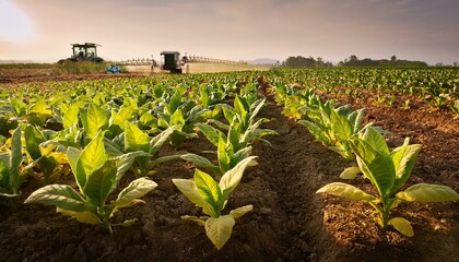 Sticker - A close up of a newly planted field of tobacco with a tractor in the distance