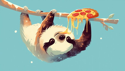 Sloth Eating Pizza Hanging From Branch