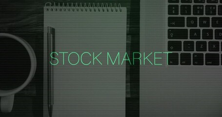 Sticker - Animation of stock market text and data processing over laptop on desk