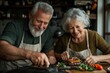 © Milos - A cheerful elderly couple, wearing aprons, prepare and cook homemade burgers together in a cozy kitchen setting, showcasing their bonding and culinary skills.