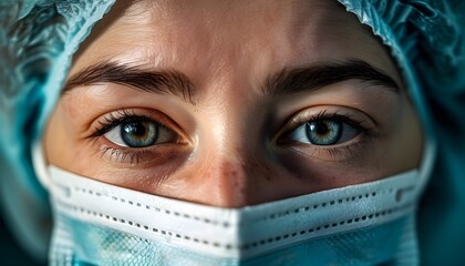 Intimate close-up of a womans eyes and face adorned with a surgical mask, conveying emotion and resilience.