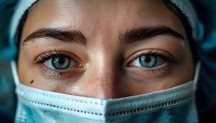 Intimate close-up of a womans eyes and face adorned with a surgical mask, conveying emotion and resilience.