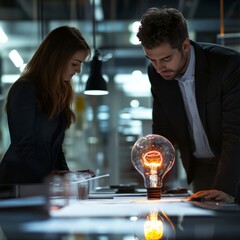 Poster - A man and woman look at a lit bulb on a table.