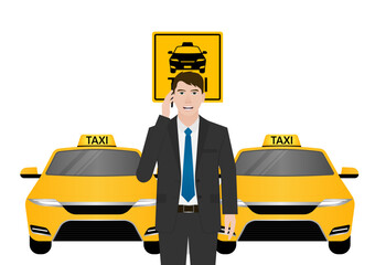 Taxi Service. Man Using Smartphone to Call Taxi. Vector Illustration.