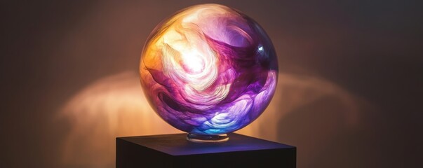 Poster - Illuminated glass orb with swirling colors on a pedestal