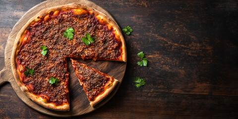 Deep-dish pizza on a wooden board, single slice being removed