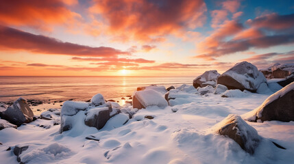 winter seascape with snow-covered rocks, a sunset, and a calm ocean