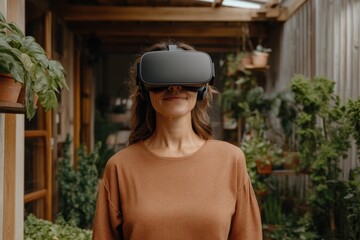 A woman stands in a greenhouse filled with lush green plants, engaging with a VR headset, displaying a blend of nature and futuristic technology.